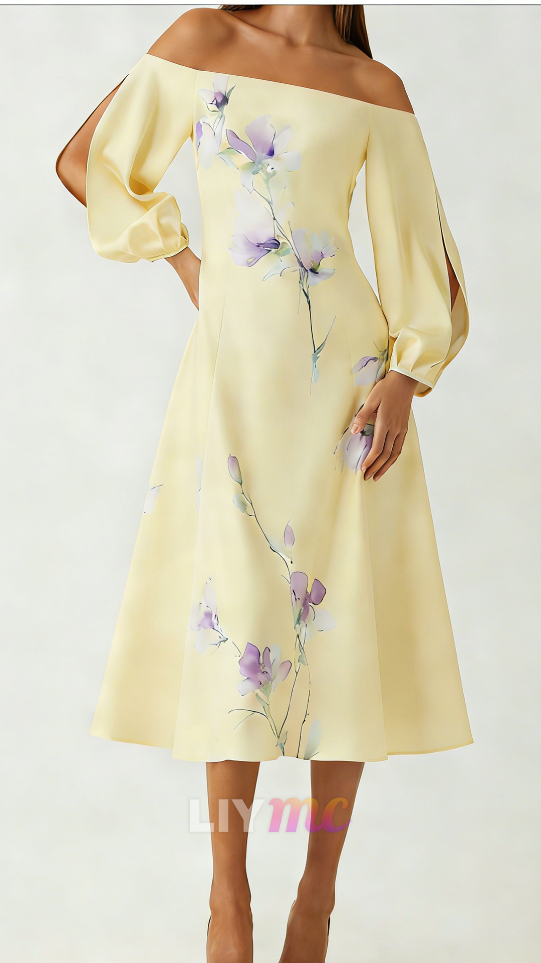 Off-Shoulder Long Sleeves Floral Printed A-Line Wedding Guest Dress