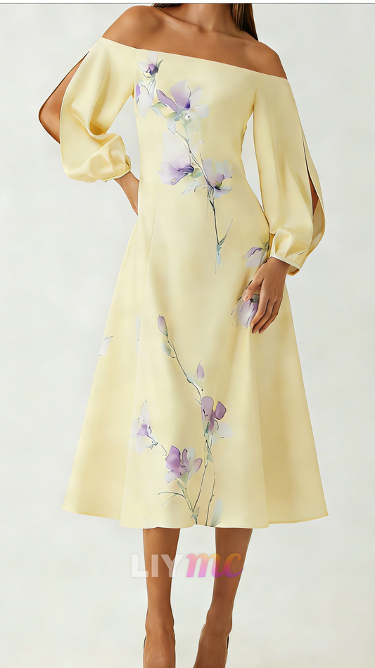 Off-Shoulder Long Sleeves Floral Printed A-Line Wedding Guest Dress