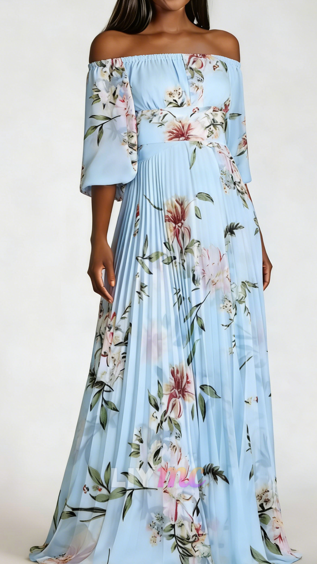 Off-Shoulder Long Sleeves Floral Printed A-Line Wedding Guest Dress