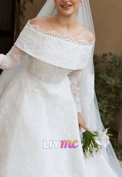 Off-Shoulder Long Sleeves Lace Appliques A-Line Wedding Dress