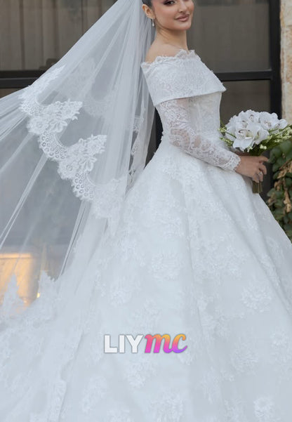 Off-Shoulder Long Sleeves Lace Appliques A-Line Wedding Dress