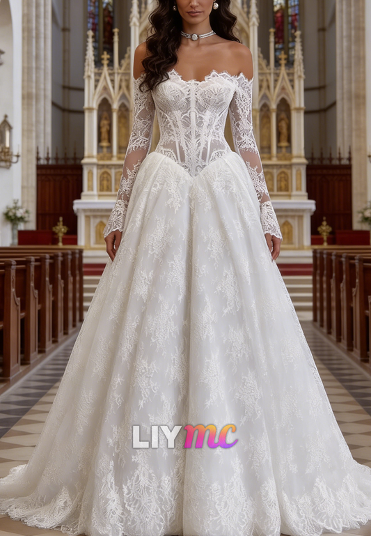 Off-Shoulder Long Sleeves Lace Appliques A-Line Wedding Dress