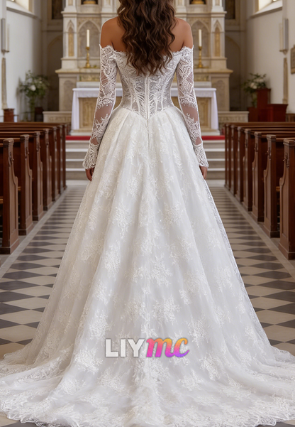 Off-Shoulder Long Sleeves Lace Appliques A-Line Wedding Dress