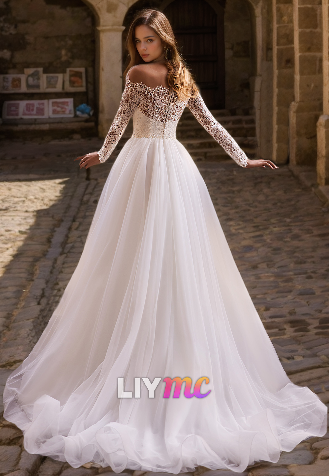 Off-Shoulder Long Sleeves Lace Appliques Ball Gown Wedding Dress