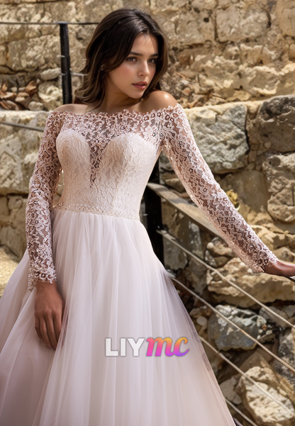 Off-Shoulder Long Sleeves Lace Appliques Ball Gown Wedding Dress