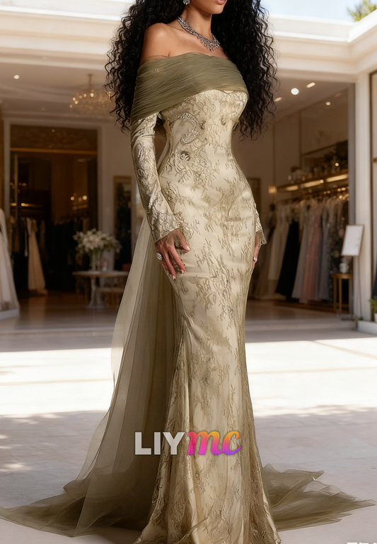 Off-Shoulder Long Sleeves Lace Appliques Mermaid Mother of Bride Dress