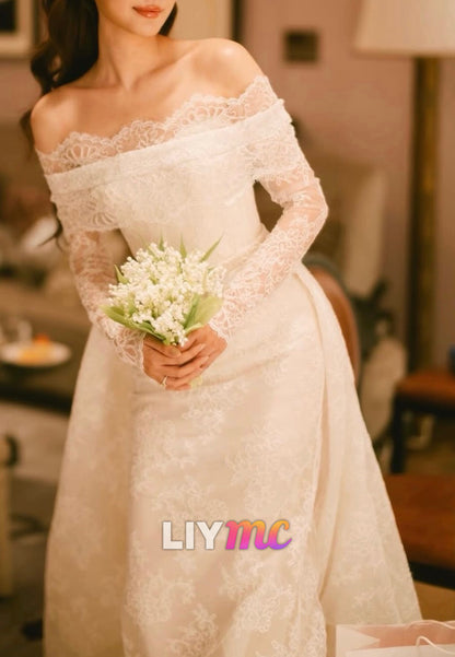 Off-Shoulder Long Sleeves Lace Appliques Mermaid Wedding Dress