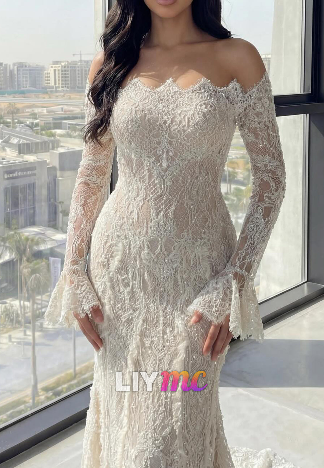 Off-Shoulder Long Sleeves Lace Appliques Mermaid Wedding Dress