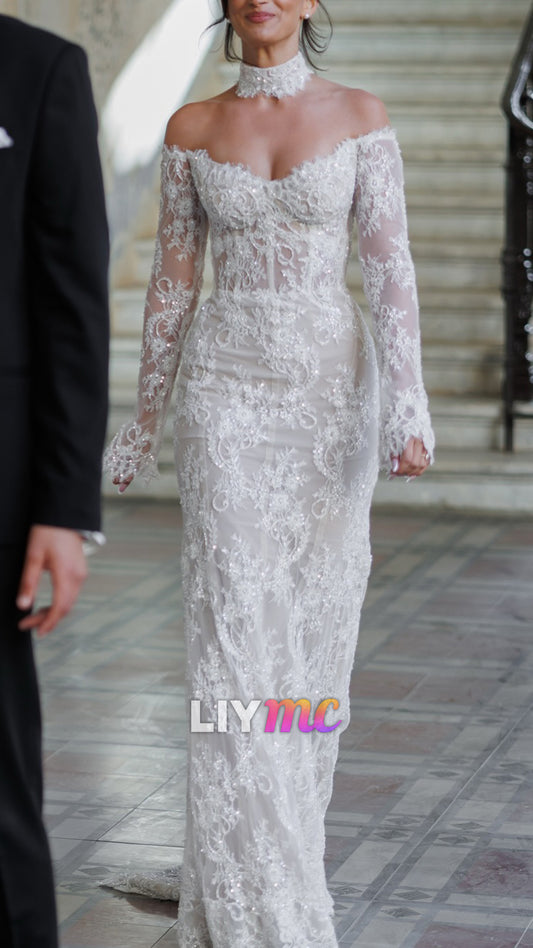 Off-Shoulder Long Sleeves Lace Appliques Mermaid Wedding Dress