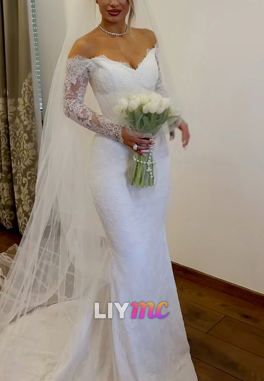 Off-Shoulder Long Sleeves Lace Appliques Mermaid Wedding Dress