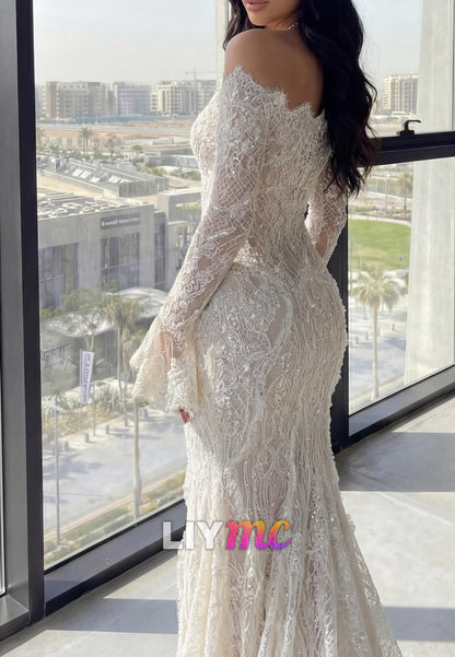 Off-Shoulder Long Sleeves Lace Appliques Mermaid Wedding Dress