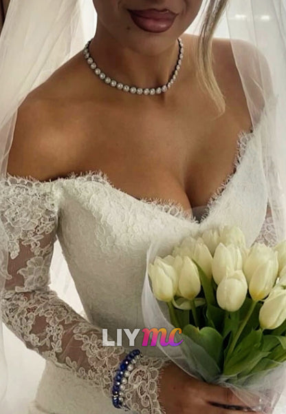 Off-Shoulder Long Sleeves Lace Appliques Mermaid Wedding Dress