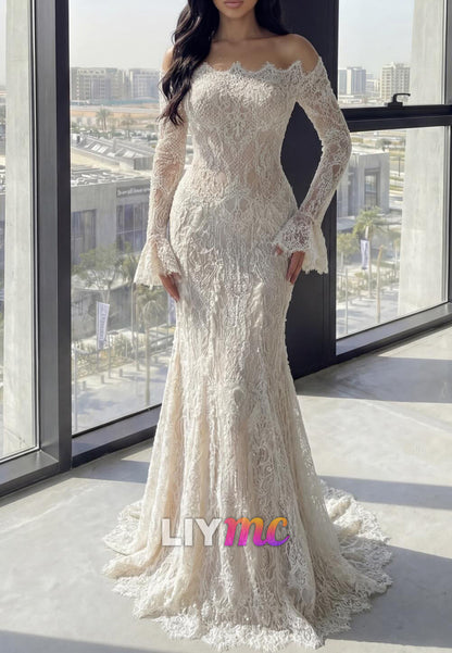 Off-Shoulder Long Sleeves Lace Appliques Mermaid Wedding Dress