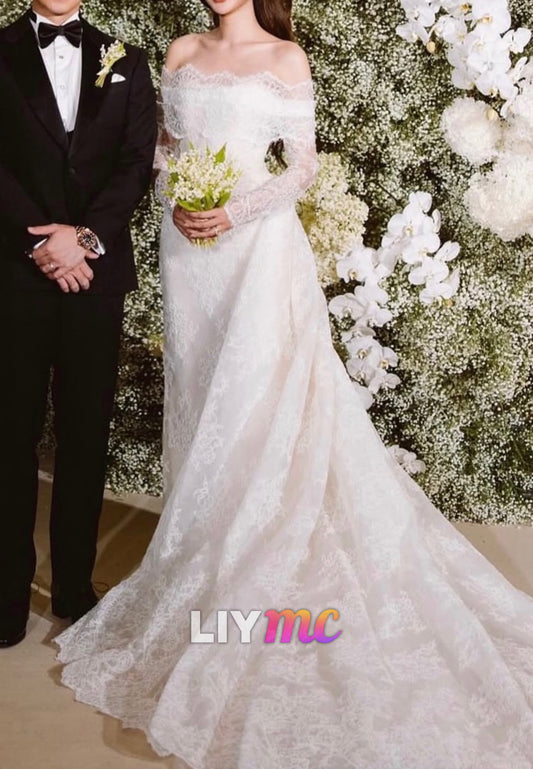 Off-Shoulder Long Sleeves Lace Appliques Mermaid Wedding Dress