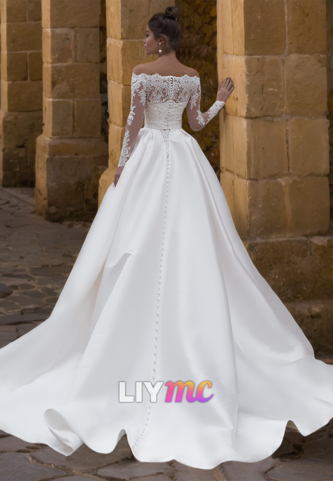 Off-Shoulder Long Sleeves Lace Appliques Pleated Satin A-Line Wedding Dress