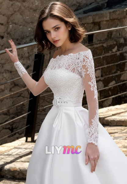 Off-Shoulder Long Sleeves Lace Appliques Pleated Satin A-Line Wedding Dress