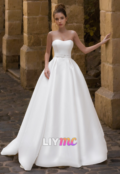 Off-Shoulder Long Sleeves Lace Appliques Pleated Satin A-Line Wedding Dress