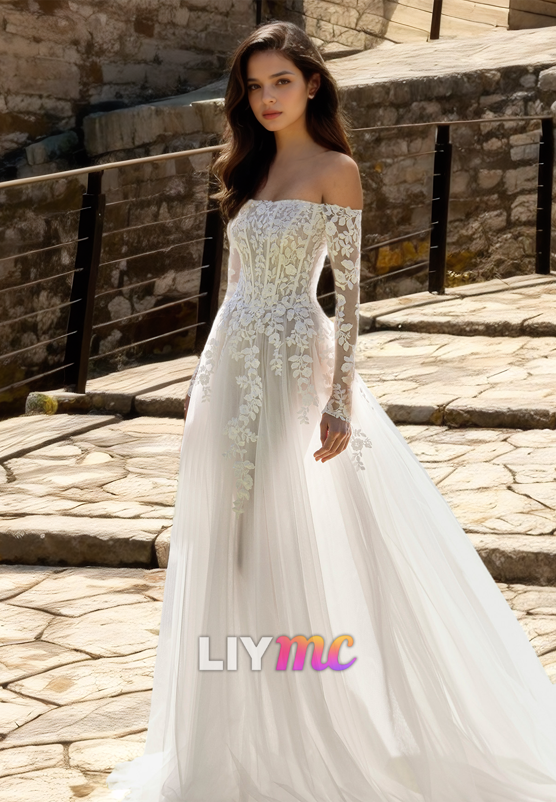 Off-Shoulder Long Sleeves Lace Appliques Tulle A-Line Brach Wedding Dress