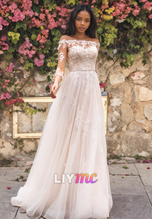 Off-Shoulder Long Sleeves Lace Appliques Tulle A-Line Wedding Dress