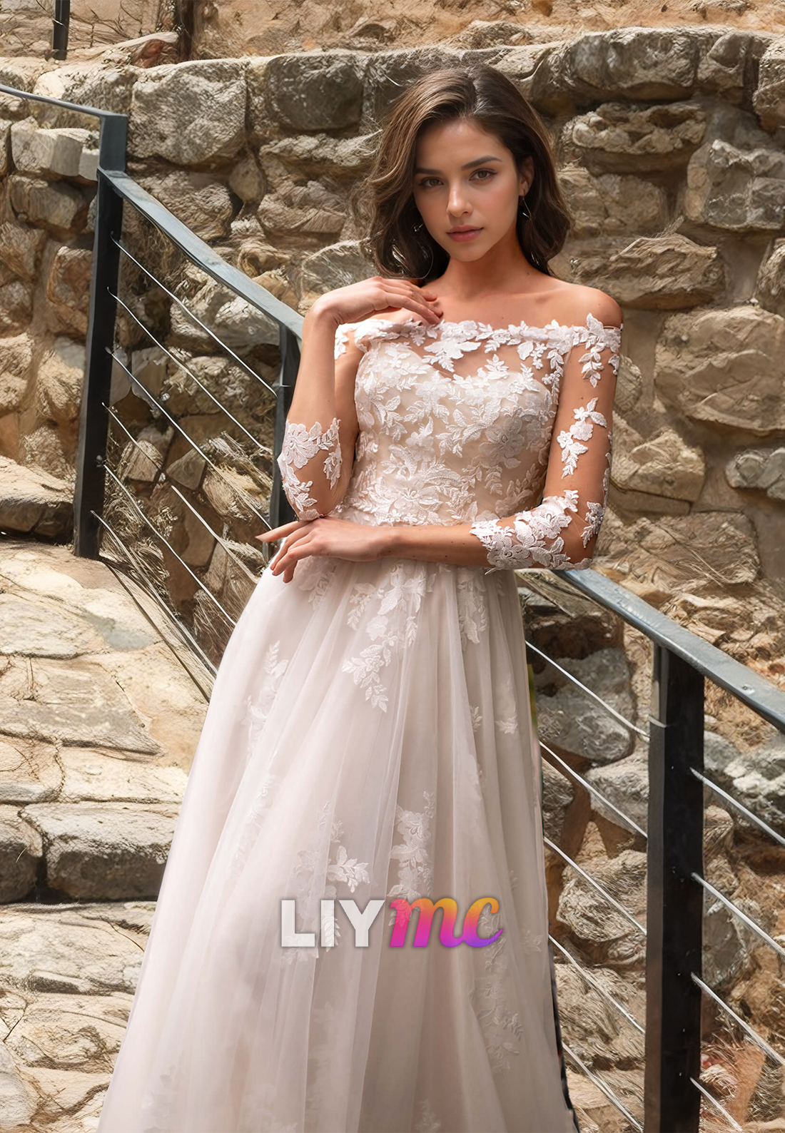 Off-Shoulder Long Sleeves Lace Appliques Tulle A-Line Wedding Dress