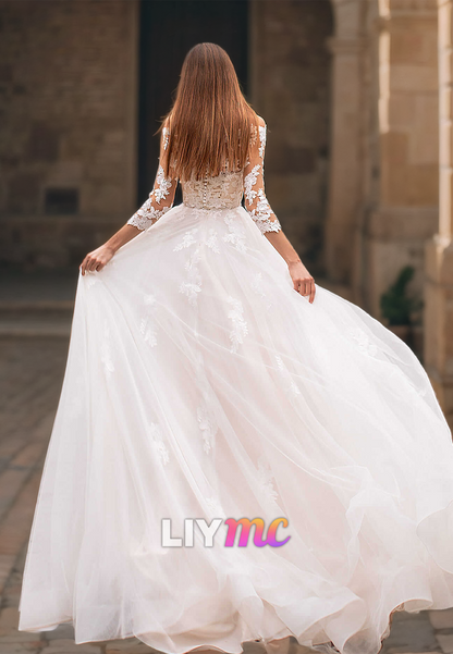 Off-Shoulder Long Sleeves Lace Appliques Tulle A-Line Wedding Dress