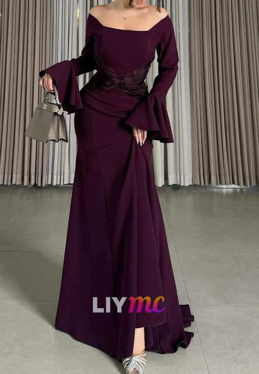 Off-Shoulder Long Sleeves Mermaid Mulberry Evening Dress