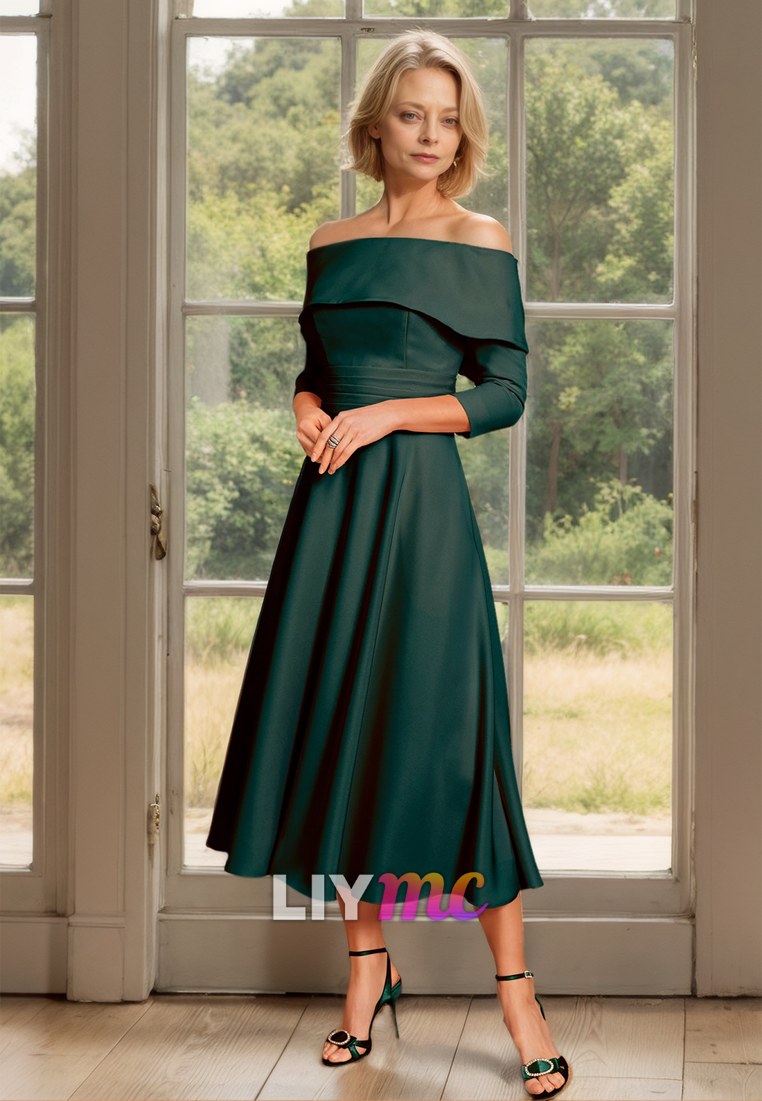 Off-Shoulder Long Sleeves Pleated A-Line Mother of Bride Dress