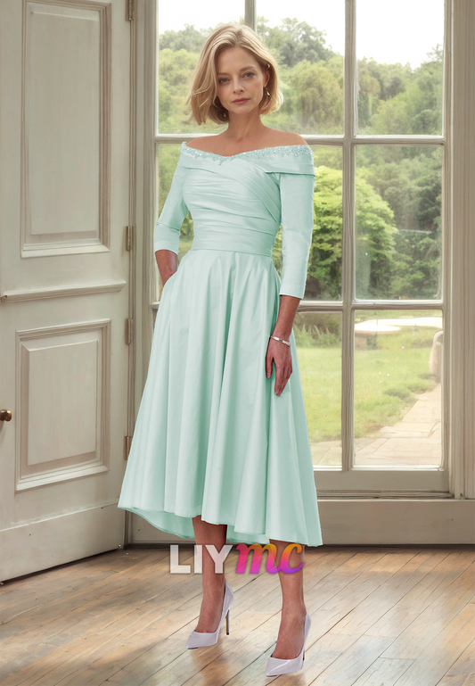 Off-Shoulder Long Sleeves Pleated A-Line Mother of Bride Dress