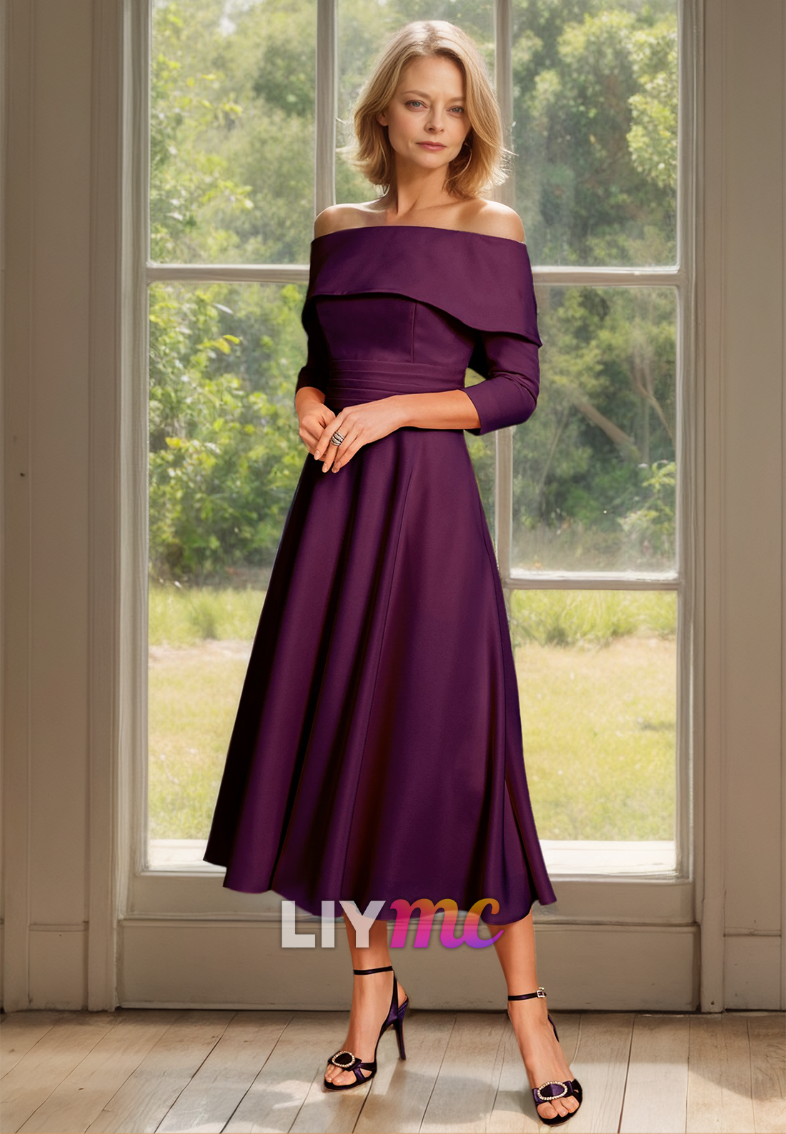 Off-Shoulder Long Sleeves Pleated A-Line Mother of Bride Dress