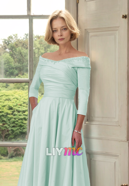 Off-Shoulder Long Sleeves Pleated A-Line Mother of Bride Dress