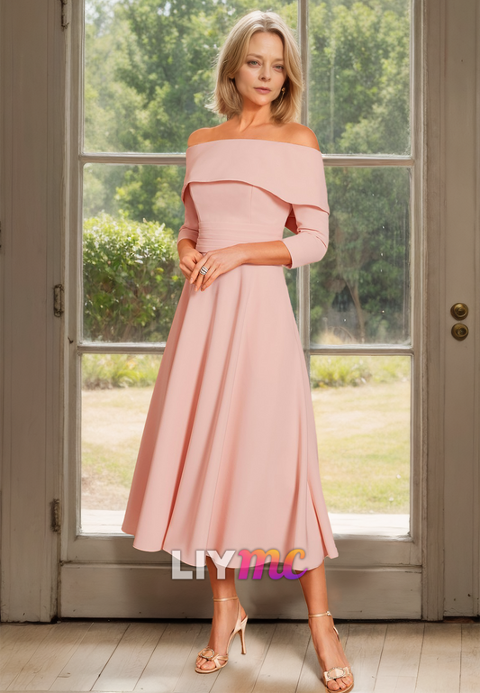 Off-Shoulder Long Sleeves Pleated A-Line Mother of Bride Dress