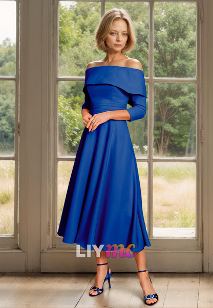 Off-Shoulder Long Sleeves Pleated A-Line Mother of Bride Dress