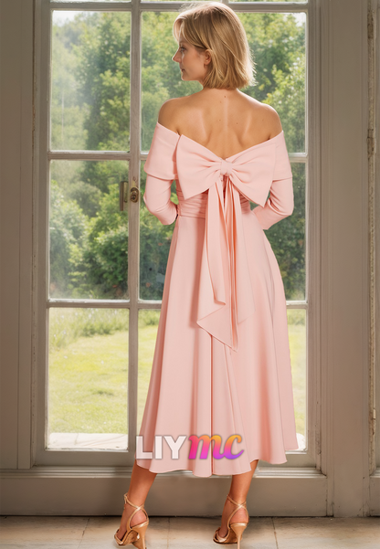 Off-Shoulder Long Sleeves Pleated A-Line Mother of Bride Dress