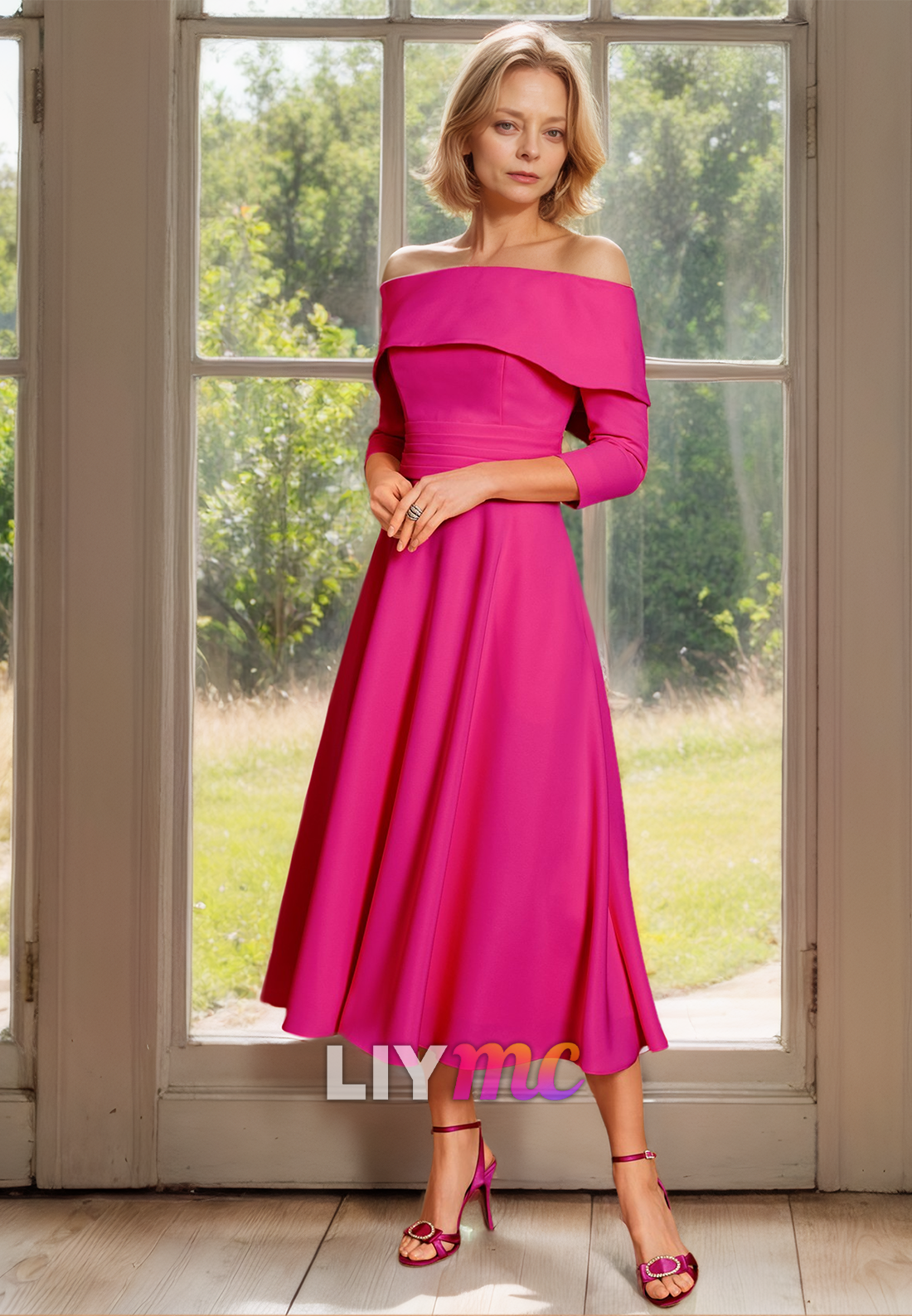 Off-Shoulder Long Sleeves Pleated A-Line Mother of Bride Dress