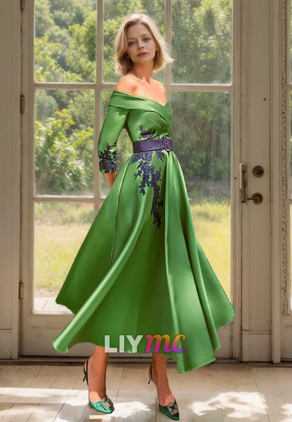 Off-Shoulder Long Sleeves Pleated Satin A-Line Mother of Bride Dress