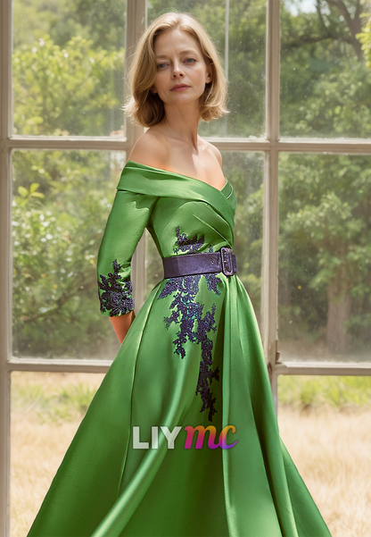 Off-Shoulder Long Sleeves Pleated Satin A-Line Mother of Bride Dress