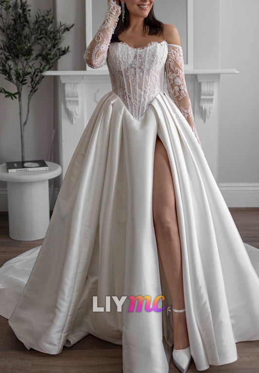 Off-Shoulder Long Sleeves Pleated Satin A-Line Wedding Dress