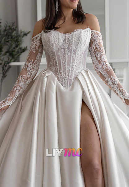 Off-Shoulder Long Sleeves Pleated Satin A-Line Wedding Dress