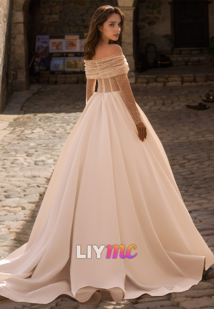 Off-Shoulder Long Sleeves Pleated Satin A-Line Wedding Dress