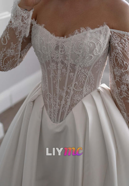 Off-Shoulder Long Sleeves Pleated Satin A-Line Wedding Dress