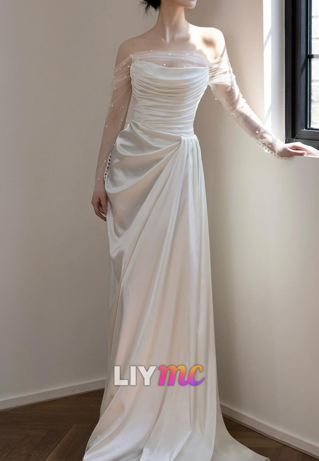 Off-Shoulder Long Sleeves Pleated Sleek Sheath Wedding Dress