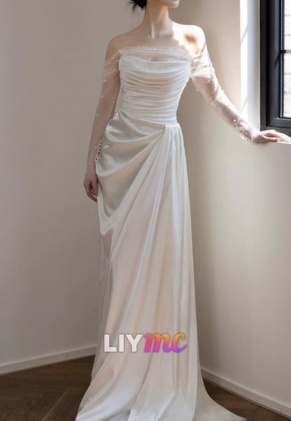 Off-Shoulder Long Sleeves Pleated Sleek Sheath Wedding Dress