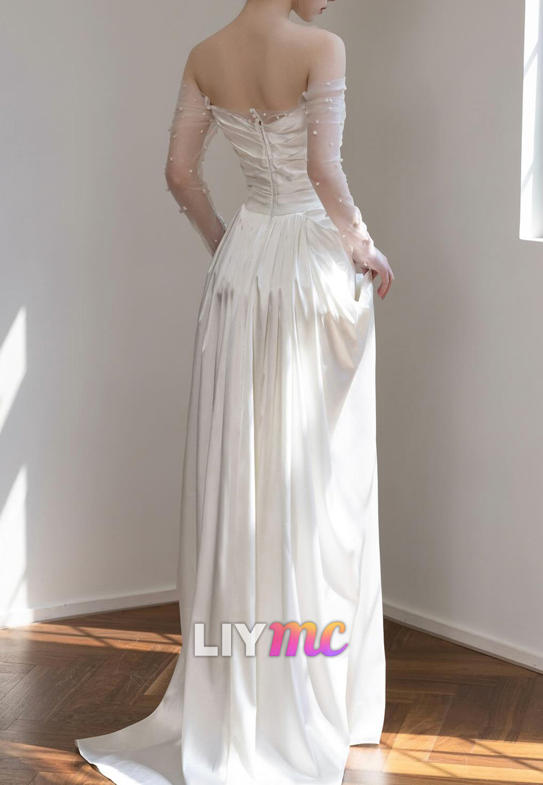 Off-Shoulder Long Sleeves Pleated Sleek Sheath Wedding Dress