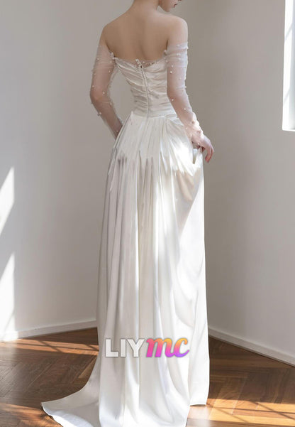 Off-Shoulder Long Sleeves Pleated Sleek Sheath Wedding Dress