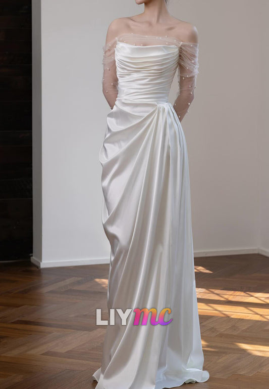 Off-Shoulder Long Sleeves Pleated Sleek Sheath Wedding Dress