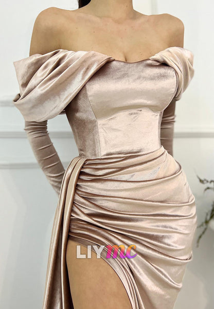 Off-Shoulder Long Sleeves Rucched Sheath Evening Dress