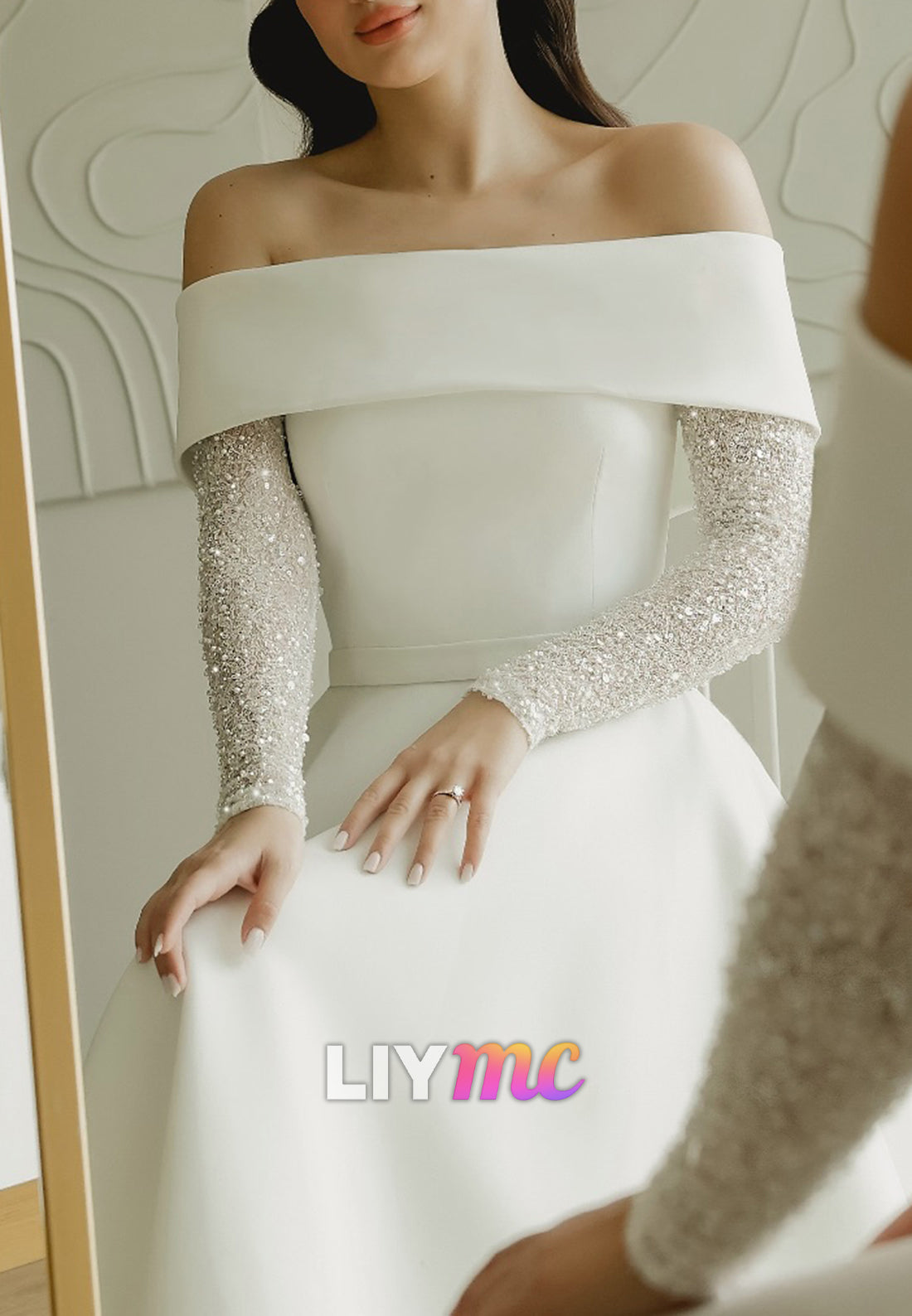 Off-Shoulder Long Sleeves Satin A-Line Long Wedding Dress