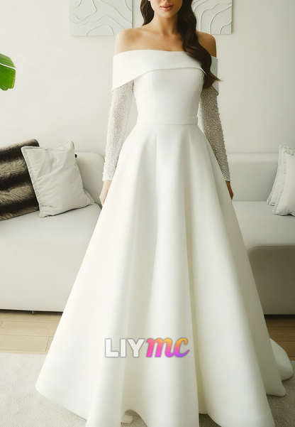 Off-Shoulder Long Sleeves Satin A-Line Long Wedding Dress