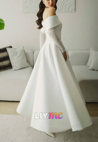 Off-Shoulder Long Sleeves Satin A-Line Long Wedding Dress