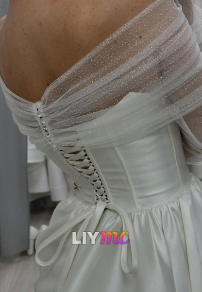 Off-Shoulder Long Sleeves Satin A-Line Simple Wedding Dress